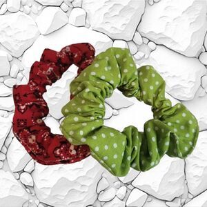 Bandana Red & Polka dot Green Print Hair Scrunchies Handmade